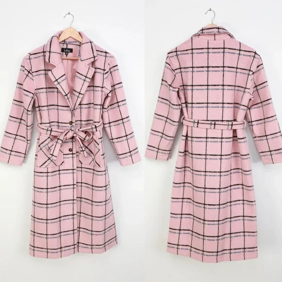 Retro Light Pink and Black Blue Plaid Longline Coat 🌿 - Picture 6 of 10